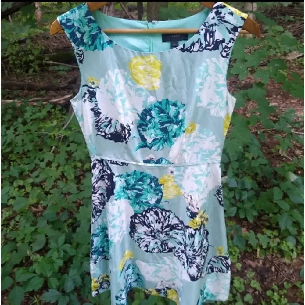 J. Crew Aquatic Floral Silk Dress Retro Swing Turquoise Women's 2